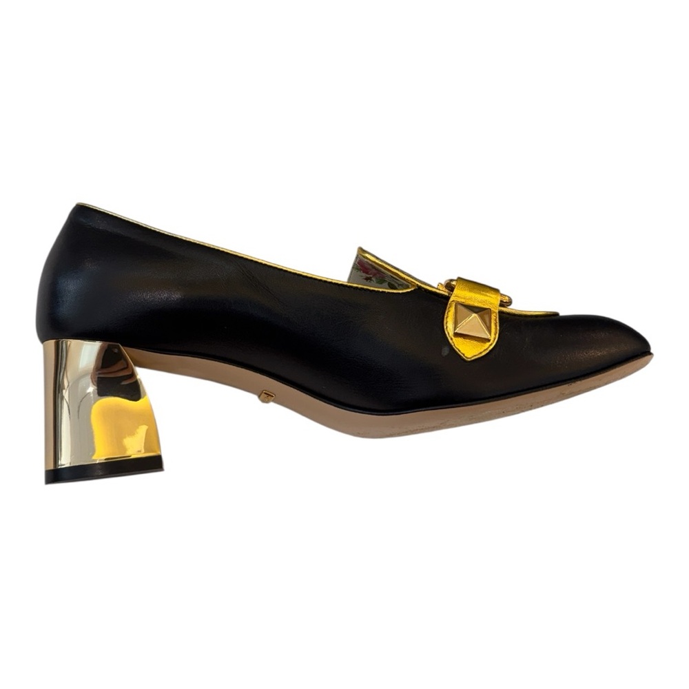 Gucci Black Leather & GG Canvas pumps with Gold Hardware and Floral Lining - Picture 4 of 6